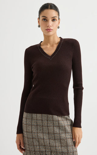 Wool Blend V-Neck Ribbed Knit Sweater