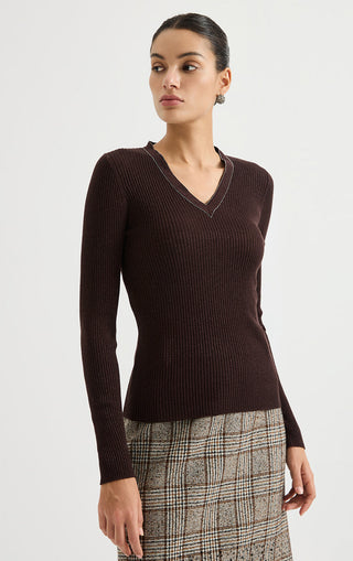 Wool Blend V-Neck Ribbed Knit Sweater
