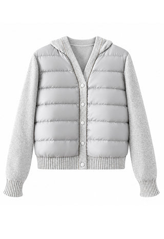 Light gray hooded puffer jacket with knit sleeves, snap front, and ribbed cuffs