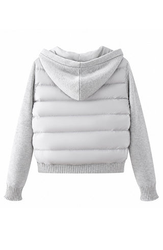 Light gray hooded puffer jacket with knit trim and ribbed hem