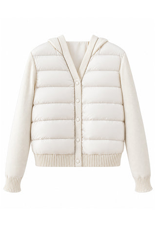 White hooded puffer jacket with knit sleeves, snap front, and ribbed cuffs