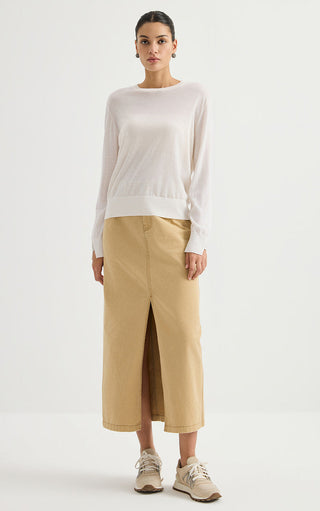 Women’s fine wool crewneck sweater in white with cuff detail and ribbed hem.