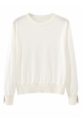 Fine wool crewneck sweater in white, front view with cuff detail and ribbed hem.