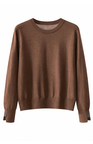 Brown fine wool crewneck sweater with ribbed cuffs and hem