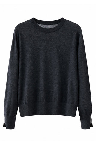 Graphite grey fine wool crewneck sweater with ribbed cuffs and hem