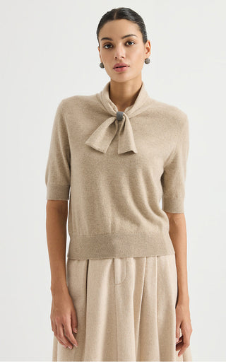 Pussy-Bow Collar Cashmere Knit Top