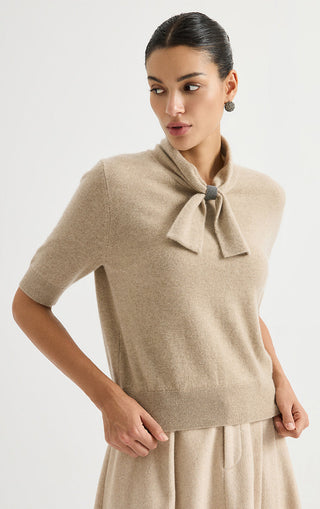Pussy-Bow Collar Cashmere Knit Top