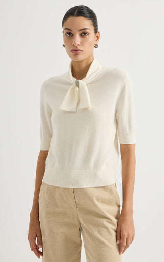Pussy-Bow Collar Cashmere Knit Top