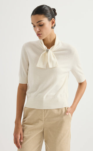 Pussy-Bow Collar Cashmere Knit Top