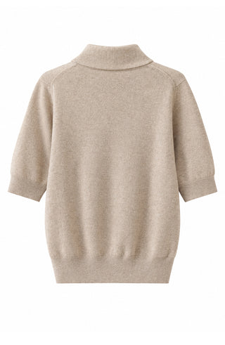 Camel cashmere knit top back with ribbed crew neck