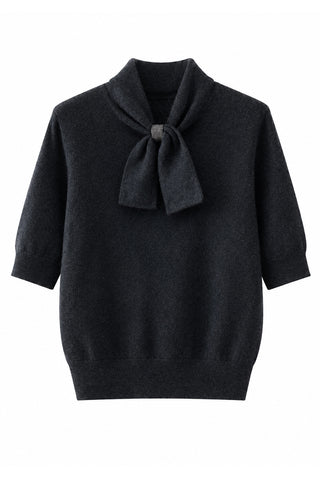Charcoal cashmere knit top with three-quarter sleeves and pussy-bow collar