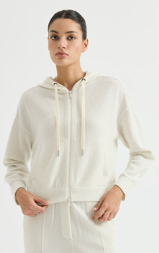 Wool Hooded Zip Cardigan with Metallic Detail – Ivory – front model view