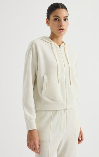 Wool Hooded Zip Cardigan with Metallic Detail – Ivory – side model view