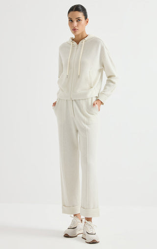 Wool Hooded Zip Cardigan with Metallic Detail – Ivory – full-length model view