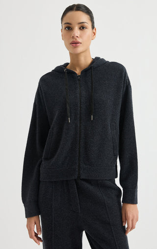 Wool Hooded Zip Cardigan with Metallic Detail – Graphite Grey – front model view