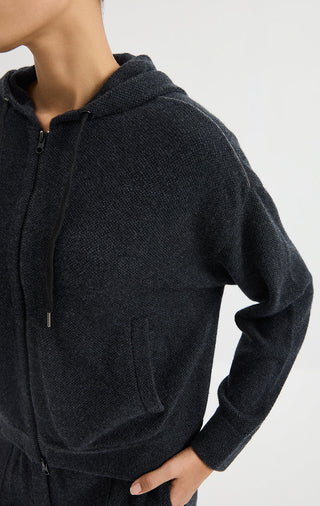 Wool Hooded Zip Cardigan with Metallic Detail – Graphite Grey – neckline and knit detail