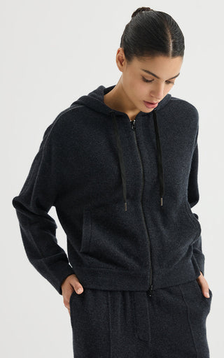 Wool Hooded Zip Cardigan with Metallic Detail – Graphite Grey – three-quarter model view