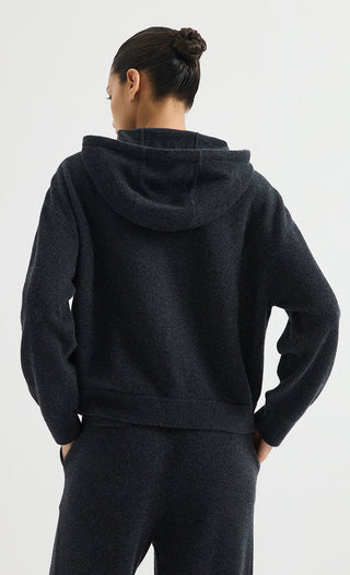 Wool Hooded Zip Cardigan with Metallic Detail – Graphite Grey – back model view