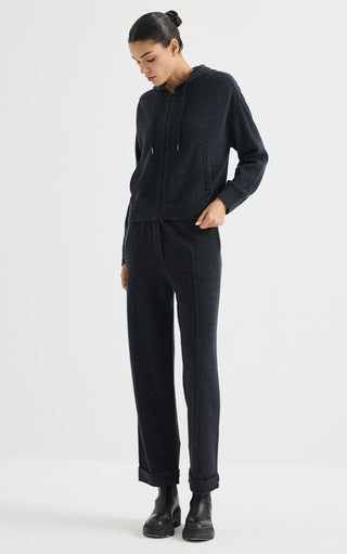 Wool Hooded Zip Cardigan with Metallic Detail – Graphite Grey – full-length model view