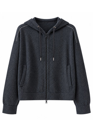 Wool Hooded Zip Cardigan with Metallic Detail – Graphite Grey – front product view
