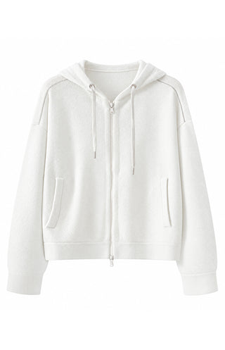 Wool Hooded Zip Cardigan with Metallic Detail – Ivory – front product view