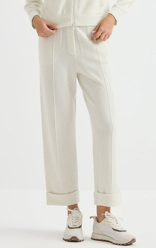 Wool Knit Pants with Metallic Detail – Ivory – front view