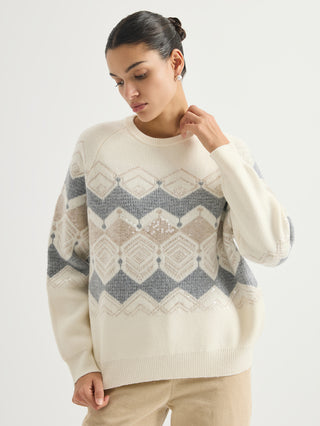 Ivory Wool Jacquard Sweater with Sequin Embroidery – crew neckline and front pattern detail
