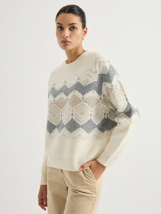 Ivory Wool Jacquard Sweater with Sequin Embroidery – three-quarter side view