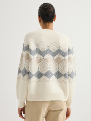 Ivory Wool Jacquard Sweater with Sequin Embroidery – back view