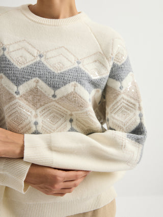Ivory Wool Jacquard Sweater with Sequin Embroidery – jacquard, sequin embroidery and ribbed cuff detail