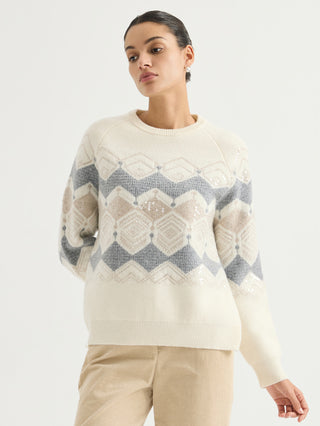 Ivory Wool Jacquard Sweater with Sequin Embroidery – front view