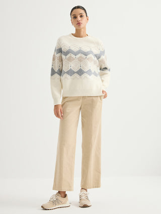Ivory Wool Jacquard Sweater with Sequin Embroidery – full-length front view