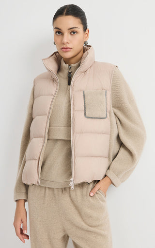Camel cashmere puffer vest with stand collar, zip front, and flap chest pocket.