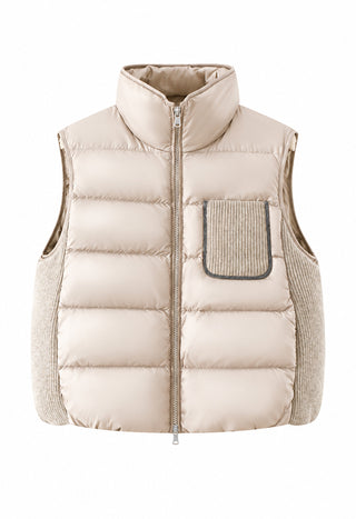 Camel puffer vest with ribbed knit pocket, stand collar, front zipper
