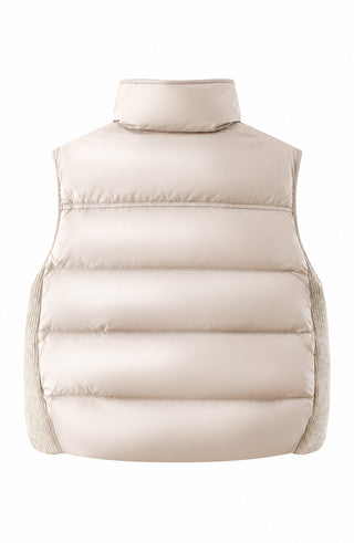 Ivory puffer vest with high neck, quilted down insulation, front zip