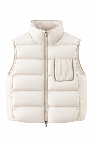 Ivory sleeveless puffer vest with stand collar, quilted baffles, front zip