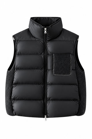 Black puffer vest with high neck, quilted down insulation, knit chest pocket, zip front