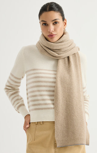 Cashmere Ribbed Scarf – Camel – wrapped front view