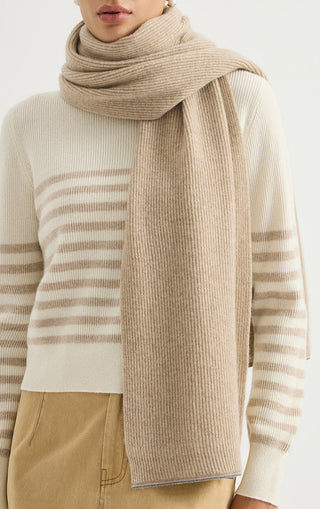 Cashmere Ribbed Scarf – Camel – wrapped neckline detail
