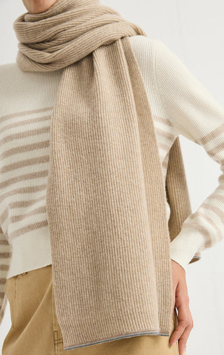 Cashmere Ribbed Scarf – Camel – ribbed scarf and edge detail