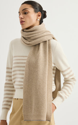 Cashmere Ribbed Scarf – Camel – side styling view