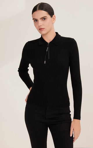 Black ribbed wool zip polo sweater with shimmer pull, slightly angled front view