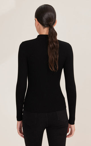 Back view of black ribbed wool zip polo sweater, long sleeves and ribbed knit