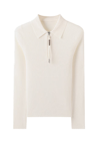 Wool Ribbed Zip Polo Sweater with Shimmer Pull