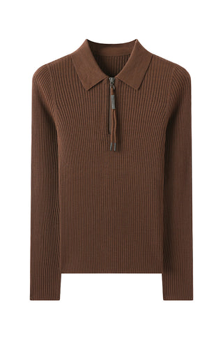 Wool Ribbed Zip Polo Sweater with Shimmer Pull