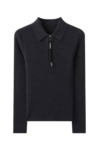 Dark ribbed wool zip polo sweater with shimmer pull, flat-lay front view