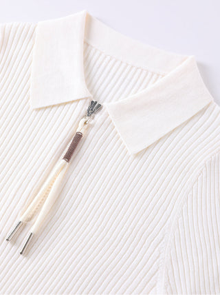 Wool Ribbed Zip Polo Sweater with Shimmer Pull
