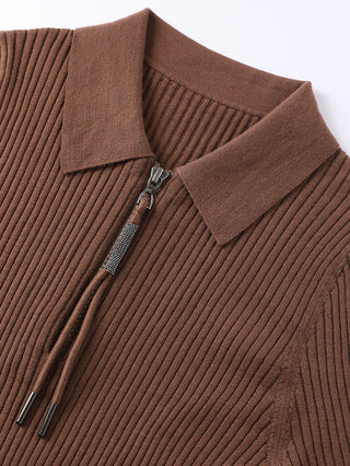 Wool Ribbed Zip Polo Sweater with Shimmer Pull