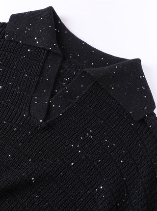 Black knit pullover shoulder and collar with scattered fine sequins