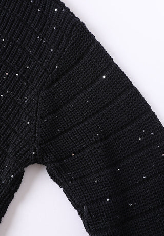 Black knit sleeve with ribbed texture and fine sequin scatter